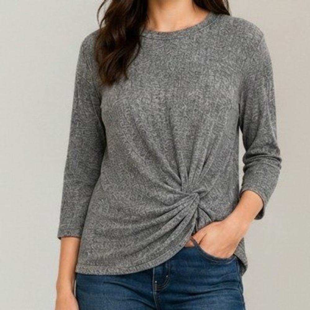 Anthropology Ribbed Knit Top W M Grey Twist Front Long Sleeve Crew Neck Casual